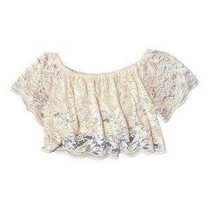 Ambiance Apparel Cropped, Off-the-Shoulder Cream Lace Top with Built-in Halter